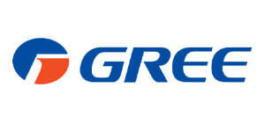 Produkte Logo von Gree mit blauem Text und einem abstrakten orange-blauen Kreis auf der linken Seite.