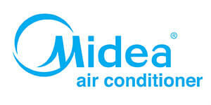 Produkte Logo der Midea-Klimaanlage mit blauem Text und einem stilisierten blauen Kreis um den Firmennamen.