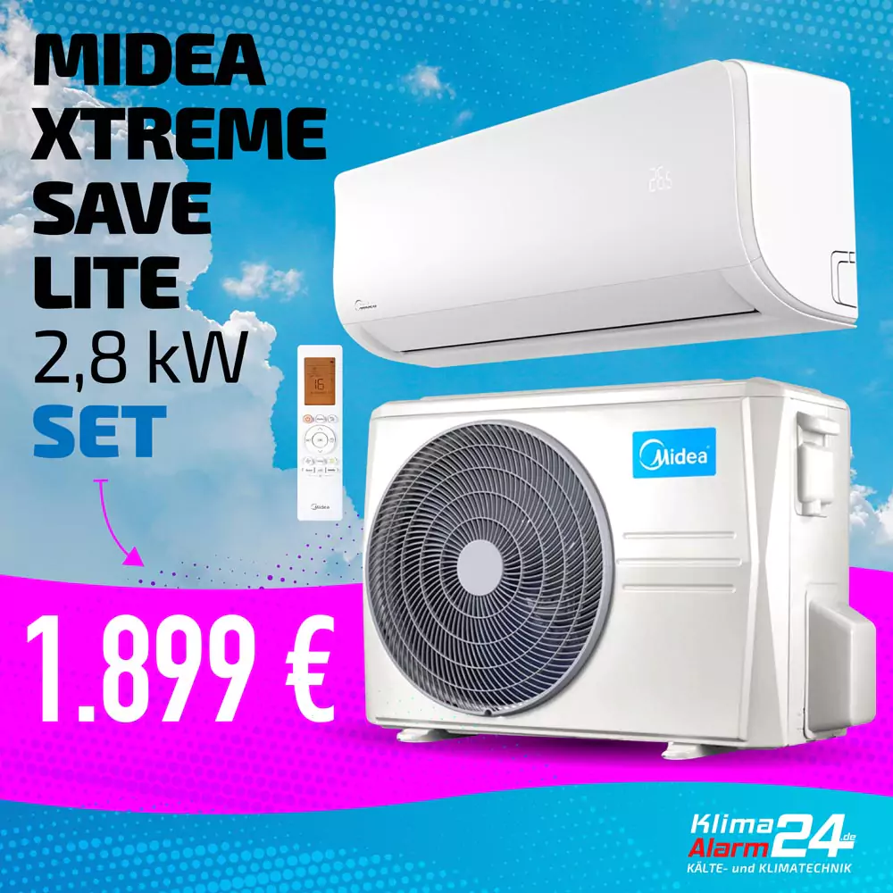 Home Midea Xtreme Save Lite 2,8 kW Klimaanlagen-Set mit Innen- und Außeneinheit, Fernbedienung und Preis von 1.899 Euro angezeigt.