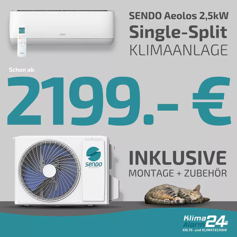 Home Anzeige für die Single-Split-Klimaanlage SENDO Aeolos 2,5kW, Preis ab 2199 Euro inkl. Einbau und Zubehör, mit Abbildungen des Geräts, der Fernbedienung und eines Kat.