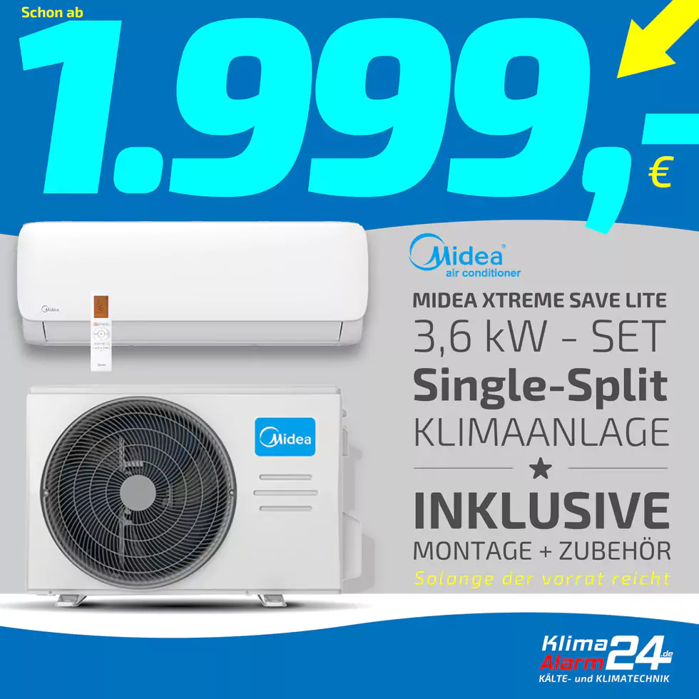 Anzeige für ein Midea Xtreme Save Lite 3,6 kW Single-Split-Klimagerät für 1.999 Euro, inklusive Installation und Zubehör. Anzeige für ein Midea Xtreme Save Lite 3,6 kW Single-Split-Klimagerät für 1.999 Euro, inklusive Installation und Zubehör.