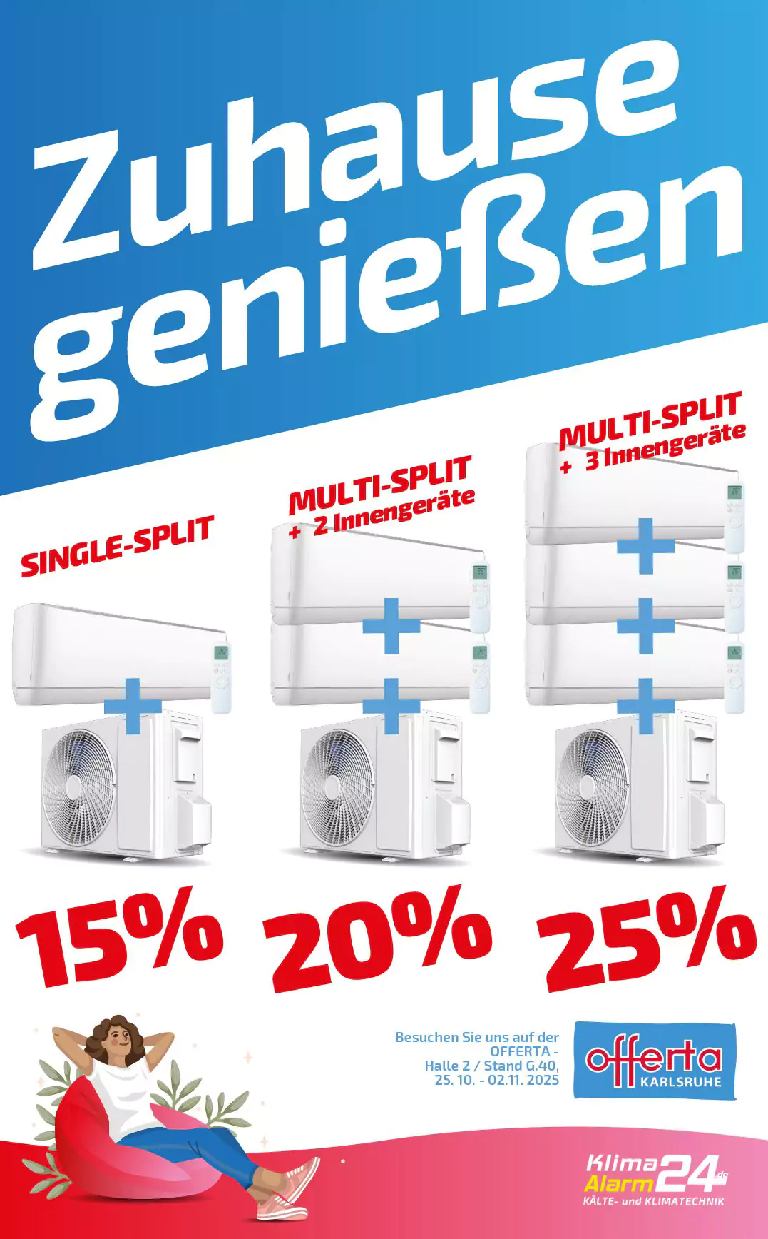 Werbeposter zum Vergleich von Single-Split-, Multi-Split-2- und Multi-Split-3-Klimageräten mit Rabatten von 15 %, 20 % bzw. 25 %. Werbeposter zum Vergleich von Single-Split-, Multi-Split-2- und Multi-Split-3-Klimageräten mit Rabatten von 15 %, 20 % bzw. 25 %.
