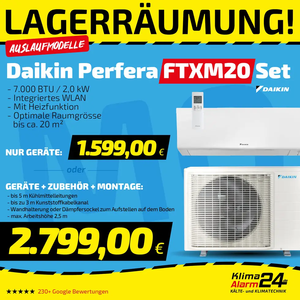 Werbegrafik für das Daikin Perfera FTXM20 Klimaset mit Merkmalen, Preisen und Installationsdetails auf gelbem und blauem Hintergrund.