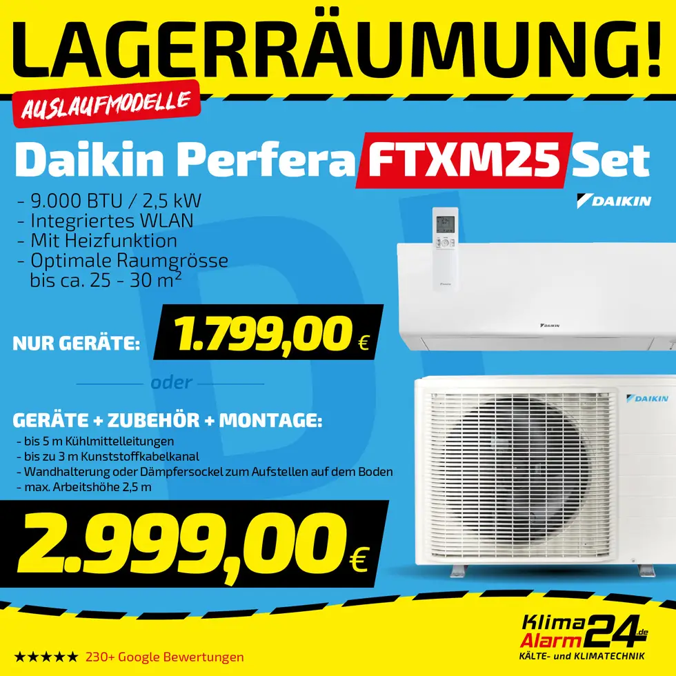 Werbung für das Daikin Perfera FTXM25 Klimaset mit Produktbildern, technischen Daten und ermäßigten Preisen für das Gerät allein oder mit Installation.