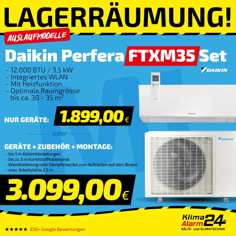 Werbeanzeige für das Daikin Perfera FTXM35-Klimagerät mit Angabe der Merkmale und Preise: 1.899,00 € für das Gerät, 3.099,00 € für Gerät, Zubehör und Installation.