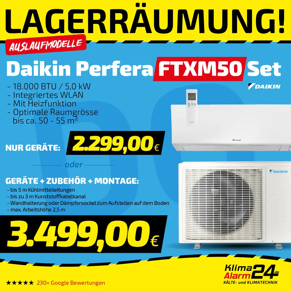 Werbeanzeige für das Daikin Perfera FTXM50 Klimaset mit Innen- und Außengeräten, Preisen, Funktionen und Installationsoptionen.