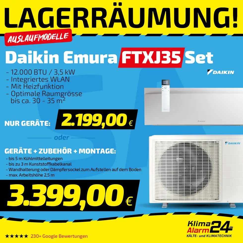 Werbung für das Daikin Emura FTXJ35 Klimagerät, mit Preisen für das Gerät allein (2.199 €) und mit Installation (3.399 €); Produktmerkmale und KlimaAlarm24-Branding sind aufgeführt.
