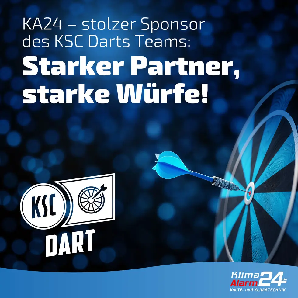 Ein blauer Dartpfeil trifft die Mitte einer Dartscheibe. Ein Text in deutscher Sprache kündigt KA24 als stolzen Sponsor des KSC-Dartteams an, mit Logos für KSC Dart und Klima Alarm 24.